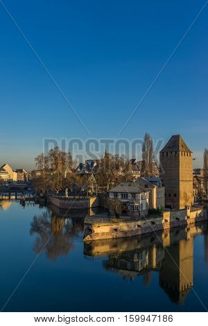 Strasbourg, medieval bridge Ponts Couverts is located in the historic district 