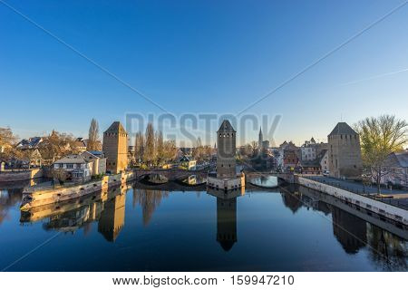 Strasbourg, medieval bridge Ponts Couverts is located in the historic district 