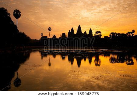 Beautiful sunrise, Silhouette of Angkor Wat at sunrise, the best time in the morning at Siem Reap, Cambodia
