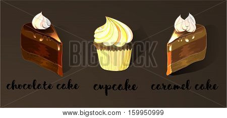Cupcake and cake. Vector cartoon illustration. Set
