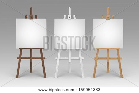 Vector Set of Wooden Brown White Sienna Easels with Mock Up Empty Blank Square Canvases Isolated on Background