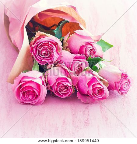 Beautiful bouquet of delicate pink roses .Floral gift for a wedding or birthday.