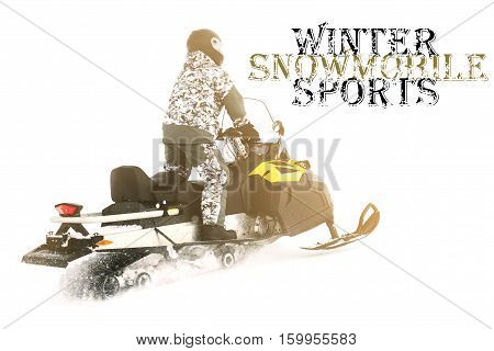 Man on snowmobile. Recreation concept on nature in winter holidays. Winter sports.