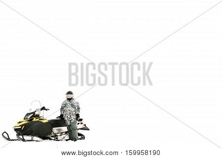 Man on snowmobile. Recreation concept on nature in winter holidays. Winter sports.