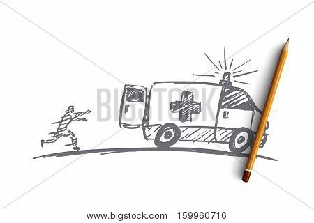 Vector hand drawn ambulance concept sketch with pencil over it. Man running towards ambulance car and trying to catch up it