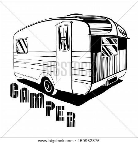 Vector illustration of isolated Hand Drawn, doodle Vintage Camper, car Recreation transport, Vehicles Camper Vans Caravans Icons. Motor home. Object with text.