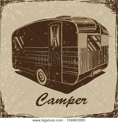 Vector illustration of Vintage Poster with Trailer, Vehicles Camper Vans Caravans typographic, silhouette trailer, caravan. Print for textile with text. Postage Stamp