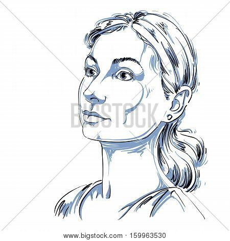 Monochrome Vector Hand-drawn Image, Romantic Young Woman. Black And White Illustration Of Contemplat