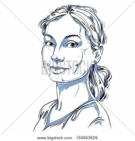 Portrait Of Delicate Good-looking Still Woman, Black And White Vector Drawing Of Peaceful And Tender