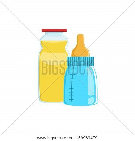 Orange Juice And Baby Bottle Supplemental Baby Food Products Allowed For First Complementary Feeding Of Small Child Cartoon Illustration. Colorful Flat Vector Drawing With Meal Allowed For Toddler Proper Diet.