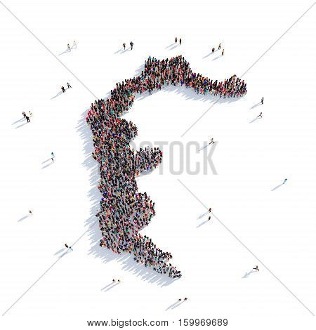 Large and creative group of people gathered together in the form of a map Azad Kashmir. 3D illustration, isolated against a white background. 