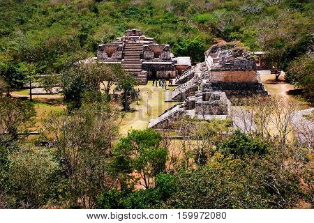 Coba Mexico. Aerial view of ancient mayan city in Mexico. Coba is an archaeological area and a famous landmark of Yucatan Peninsula. Forest around the pyramids in Mexico