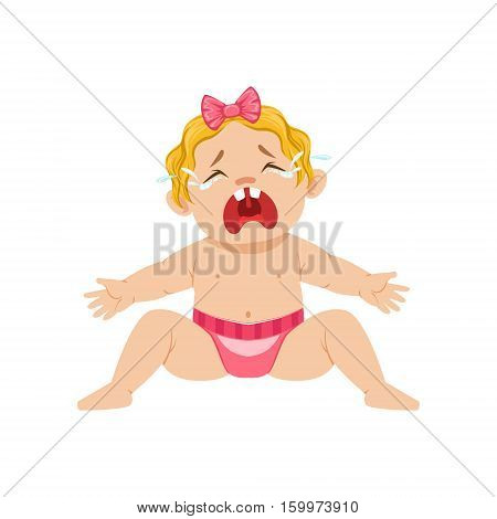 Little Baby Girl Sitting In Nappy Crying Hesterically With Eyes Full Of Tears, Part Of Reasons Of Infant Being Unhappy Cartoon Illustration Collection. Infancy And Parenthood Info Vector Drawings With Explanations Why Toddler Is Upset.