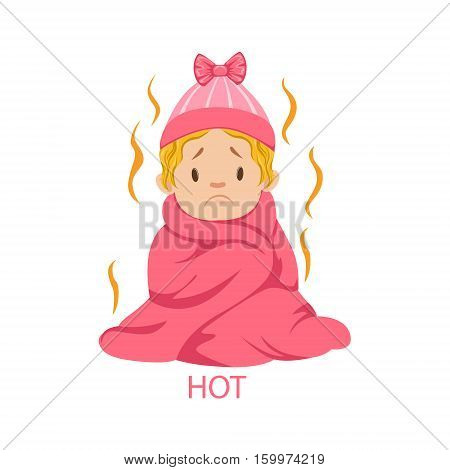 Little Baby Girl In Hat And Blanket Is Too Hot, Part Of Reasons Of Infant Being Unhappy And Crying Cartoon Illustration Collection. Infancy And Parenthood Info Vector Drawings With Explanations Why Toddler Is Upset.