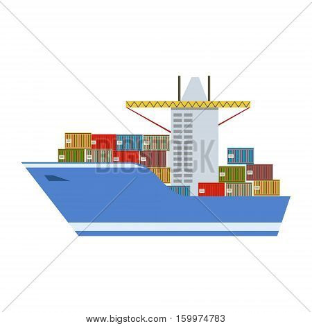 Delivery Service Company Large Cargo Boat Delivering Shipment Overseas View From The Front. Part Of Logistics Transport Firm Collection Of Cartoon Vector Illustrations.