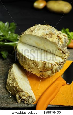 Celery root - celeriac source of vitamine fresh healthy vegetable wedge