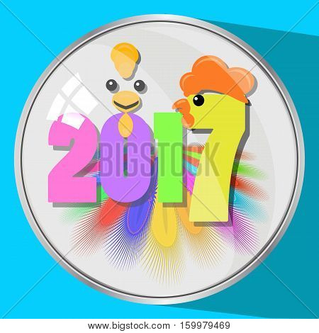 the icon picture the button a feather reflection glass number two thousand seventeenth 2017 on a blue fone.simvol Christmas a rooster chicken bird. to use for design, the press, t-shirts. vector illustration