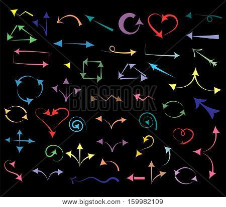 Colorful Hand Drawn Arrows isolated on Black. Sketch Style. Prefect for Design. Vector Illustration.