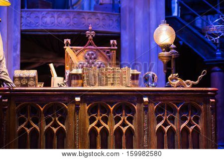 Leavesden, London, UK - 1 March 2016: Interior of Dumbledore office and Professor's costume. Decoration Warner Brothers Studio for Harry Potter film