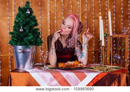 Gorgeous Young Woman Drinks Champagne