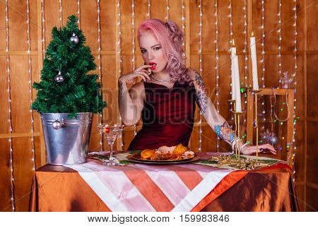 Gorgeous Young Woman Drinks Champagne