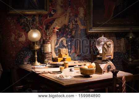 Leavesden, London, UK - 1 March 2016: Interior of student's living room. Decoration Warner Brothers Studio