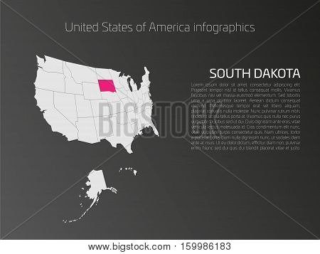 United States of America, aka USA or US, map infographics template. 3D perspective dark theme with pink highlighted South Dakota, state name and text area on the left side.