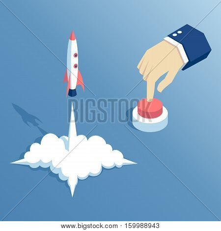 isometric hand presses the button and launches a missile or spacecraft the concept of a startup