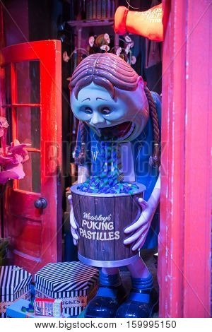 Leavesden, London, UK - 1 March 2016: Candy Shop   display in Diagon Alley from Harry Potter film. Warner Brothers Studio