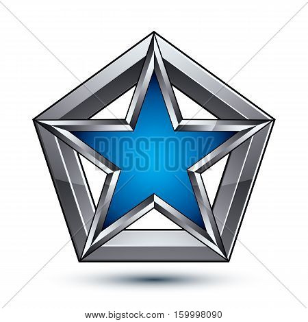 Silvery blazon with pentagonal blue star can be used in web and graphic design. Heraldic silver symbol 3d coat of arms.