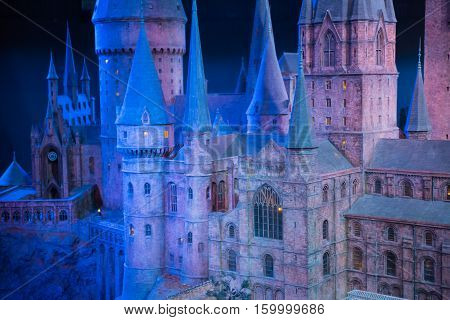 Leavesden, London, UK - 1 March 2016: Hogwarts School of Witchcraft and Wizardry, model against of black background