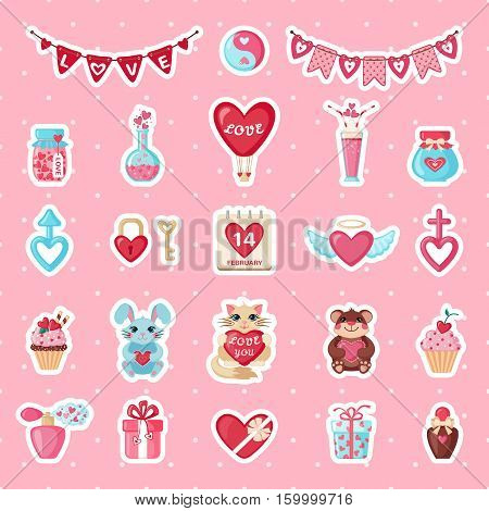 Set of Valentines stickers in flat style isolated on white background. Love concept. Design elements for Wedding or Valentines day. Vector illustration.