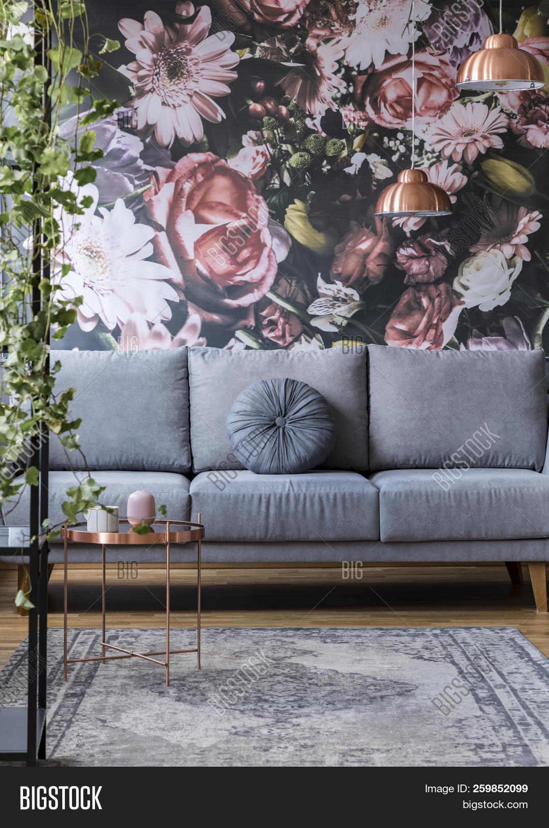 Flower Print Grey Sofa Image Photo Free Trial Stock Flower Print Grey Sofa Image Photo