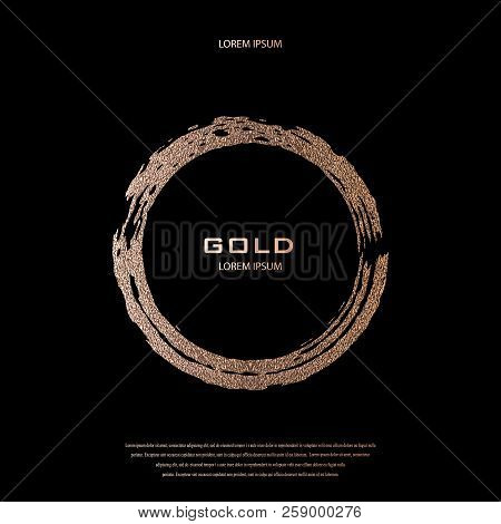 Bronze Glitter, Sparkles Pattern. Copper Frame On A Black Background. Patina, Golden Quartz Circle. 