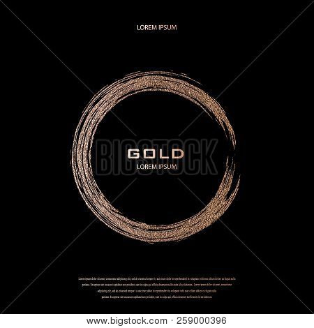Bronze Glitter, Sparkles Pattern. Copper Frame On A Black Background. Patina, Golden Quartz Circle. 