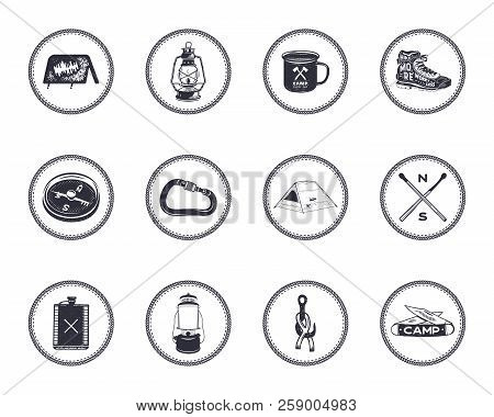 Set Of 12 Camping Silhouette Icons And Symbols. Hiking Equipment Elements - Tent, Boot, Lantern, Com