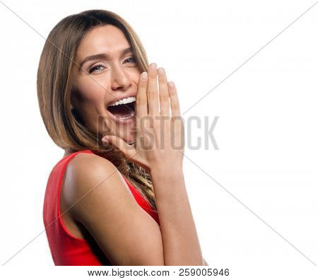 portrait of attractive toothy smile caucasian woman with long blond hair isolated on white studio shot looking at camera laugthing