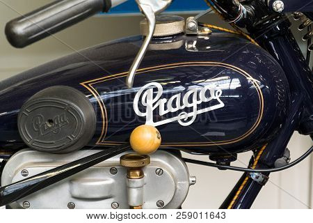Prague, Czech Republic - March 8 2018: Vintage Veteran Motorcycle Praga Bd 500 From Year 1927 Stands