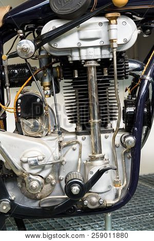 Prague, Czech Republic - March 8 2018: Vintage Veteran Motorcycle Praga Bd 500 From Year 1927 Stands