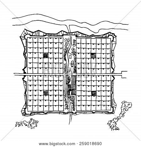 Urban Plan Of A City, Old Village. Doodle City Map. Vector City Drawing. Street Map. Futuristic Mega