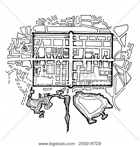 Urban Plan Of A City, Old Village. Doodle City Map. Vector City Drawing. Street Map. Futuristic Mega