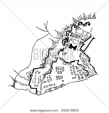 Urban Plan Of A City, Old Village. Doodle City Map. Vector City Drawing. Street Map. Futuristic Mega