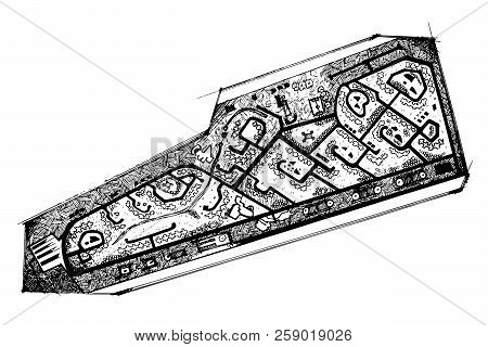 Urban Plan Of A City, Old Village. Doodle City Map. Vector City Drawing. Street Map. Futuristic Mega