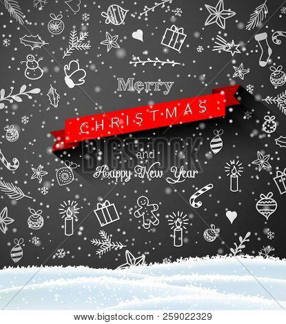 Christmas Doodles On Black Chalkboard, Seasonal Theme