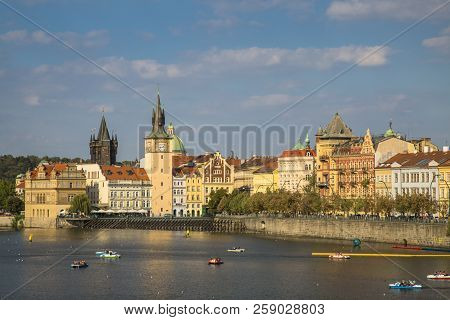 Prague Cityscape And Vitava River, Czech Republic. Old Town, Ancient Architecture.
