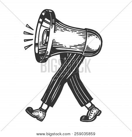 Loudspeaker Walks On Its Feet Engraving Vector Illustration. Scratch Board Style Imitation. Black An
