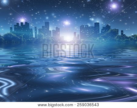 Surreal painting. City of future on horizon.  3D rendering
