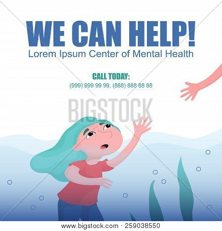 Girl, Woman Drowning In Water, Crying For Help - Help With Depression Concept, Square Banner Templat