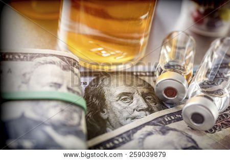 Vials With Different Substances Over Dollar, Concept Of Copayment