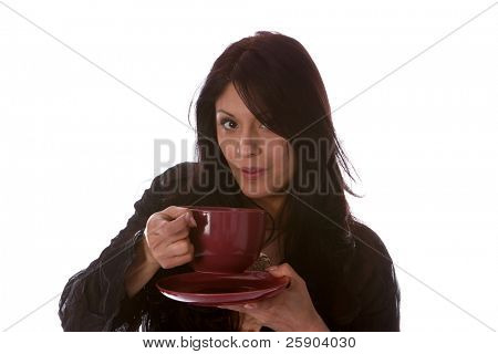 caffè, latte e coco concetti gode di una bellissima giovane donna una tazza di caffè, latte, cocco caldo o